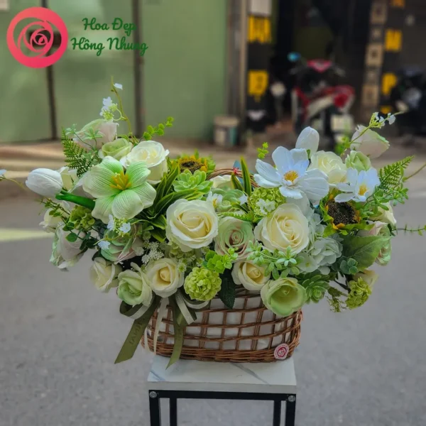 giỏ hoa sáp tone xanh lá