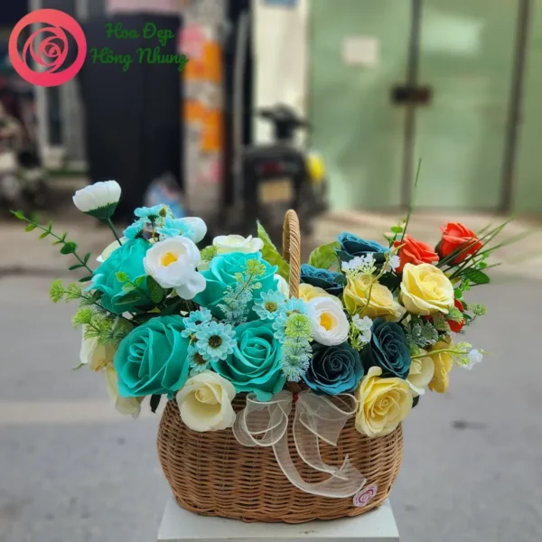 giỏ hoa sáp tone xanh ngọc