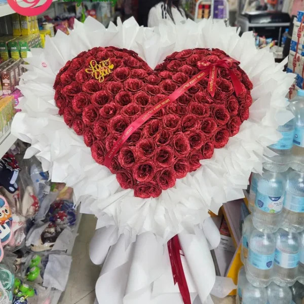 bó hoa sáp nhũ 99 bông trái tim 3D kiểu công chúa