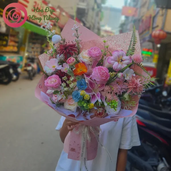 bó hoa lụa tone hồng