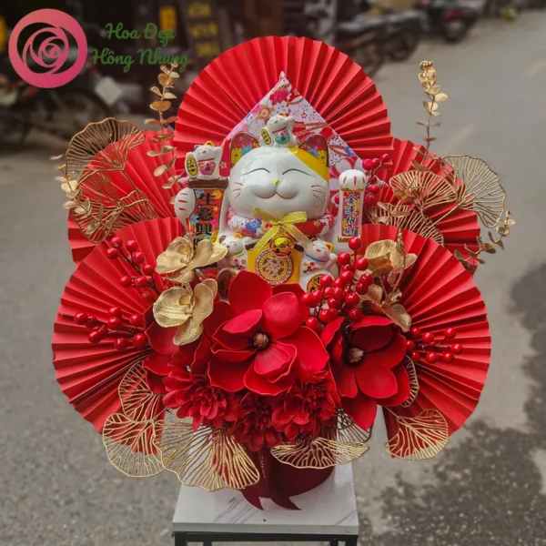 hộp hoa lụa mèo thần tài