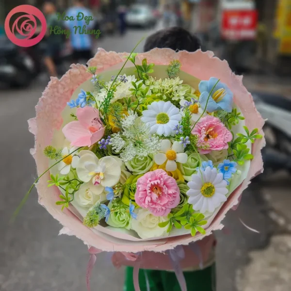 bó hoa mix màu xanh lá